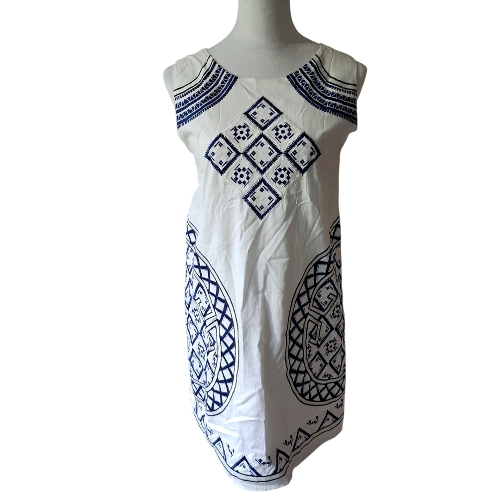 Embroidered Geometric Cotton Shift Midi Dress